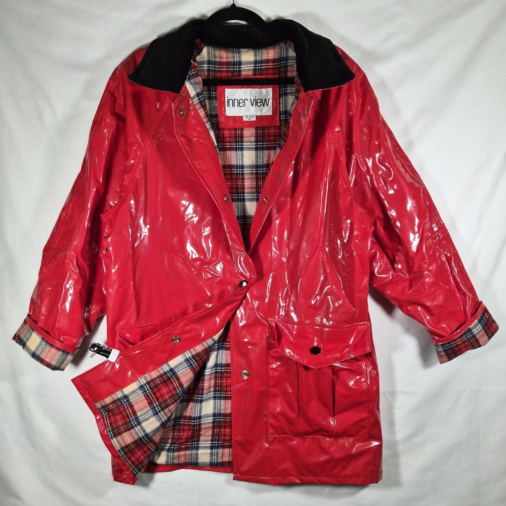 Y2k Style Red Rain Coat Plaid Lined Jacket Women's Medium Glossy